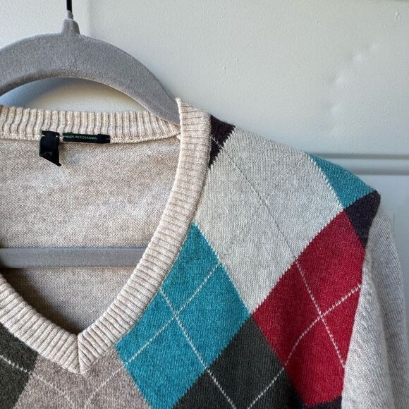 Benetton Argyle Long Sleeve V-Neck Pullover Sweater Small Preppy Academia - Picture 6 of 8